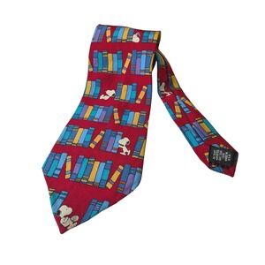 Peanuts Snoopy Library Books Silk Tie Red Mens Snoopy Academia Made in USA